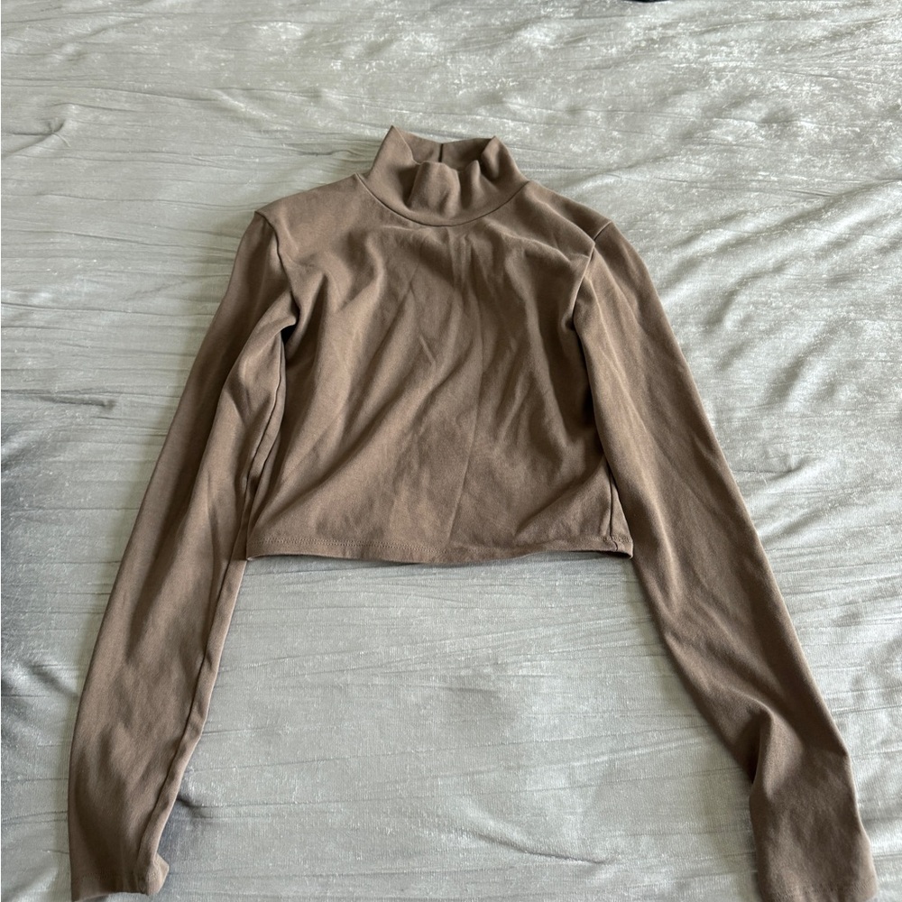 Zara Brown Fitted Crop Long Sleeve Tee